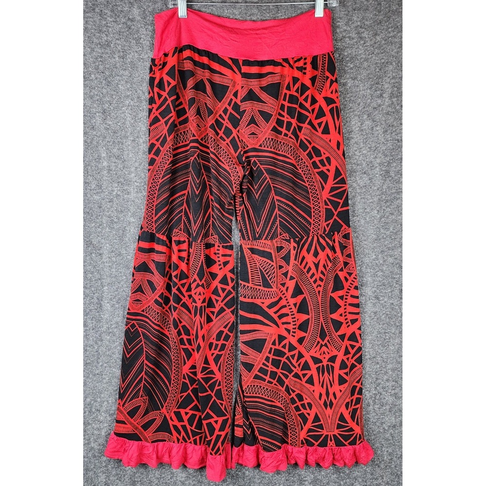 J&M Clothing Co Pants Womens L JM074PF Red Black Tribal Ruffle Vintage EUC